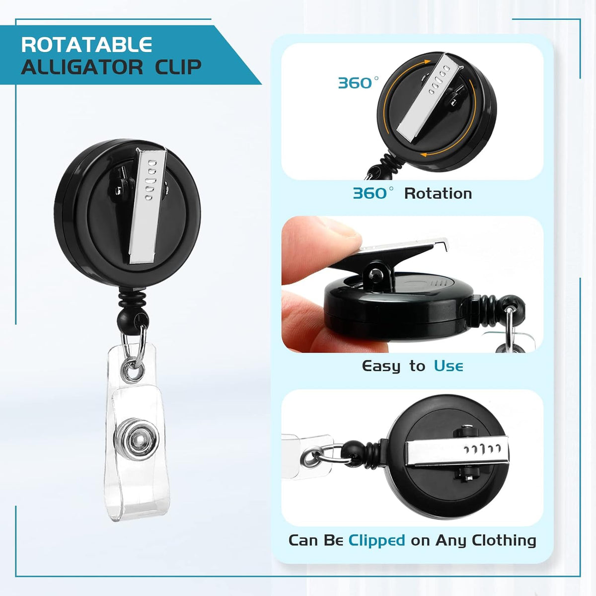 2 Pack Badge Reels Retractable with Swivel Alligator Clip Retractable Badge Holder Reel Clips for Teachers, Students, Office Workers (Black)