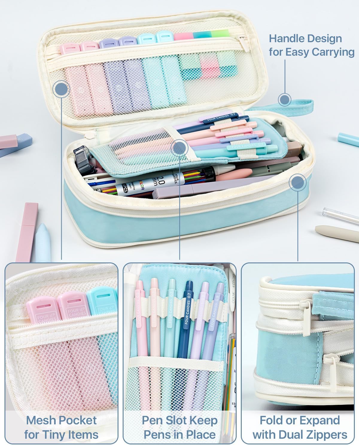 Four Candies 56 PCS Aesthetic School Supplies with Cute Pencil Case, 6 Multicolor Pen, 12 Pastel Highlighters, 5 Gel Pens Black Ink, 9 Mechanical Pencils for Student Stationary Set Preppy Stuff (Blue)
