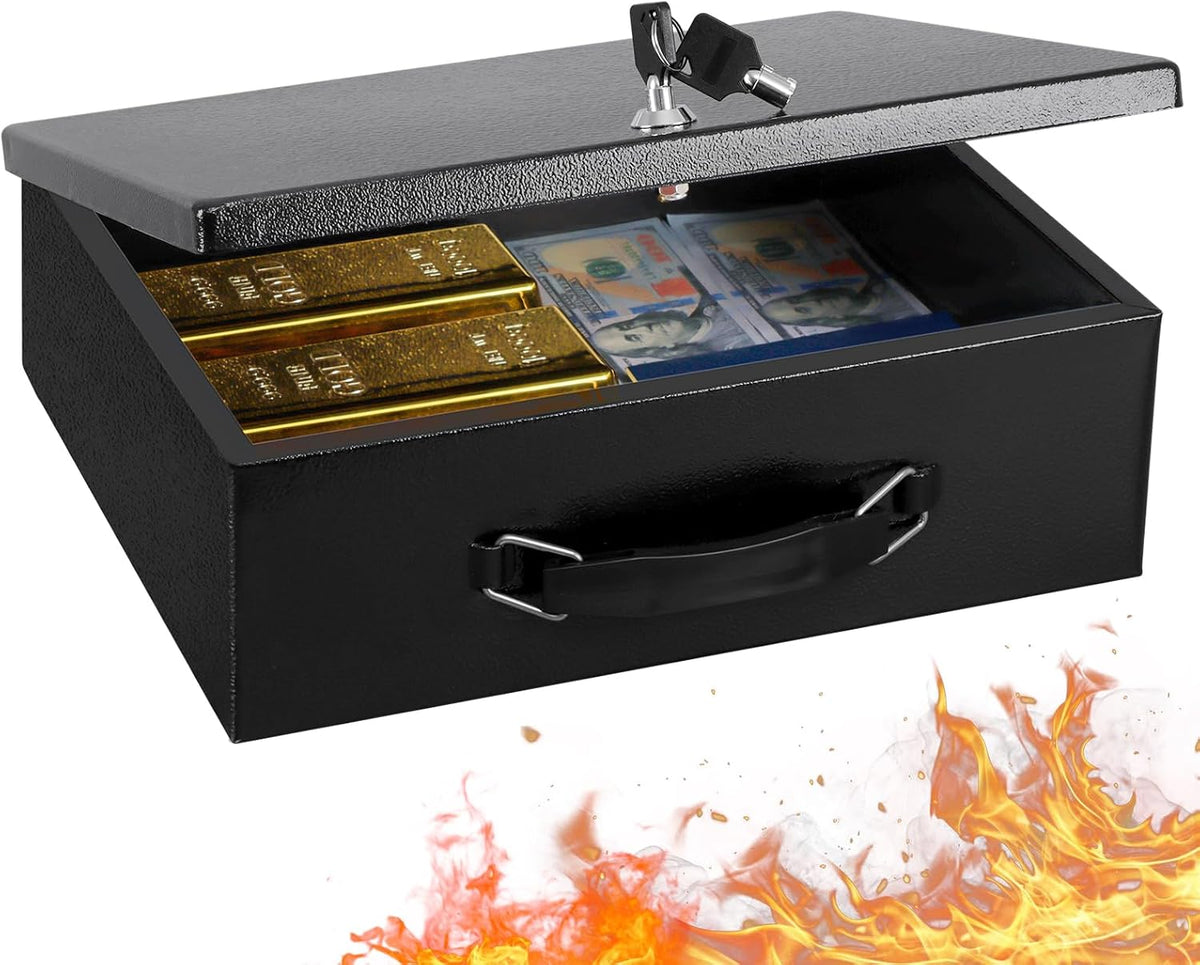 KYODOLED Fireproof Document Box with Key Lock, Large Safe Storage Box for Valuables, Fire Resistance Security Chest, Lock Box for Passport, Cash, Tablet 12.9'' x 10.7'' x 4.2'' Black