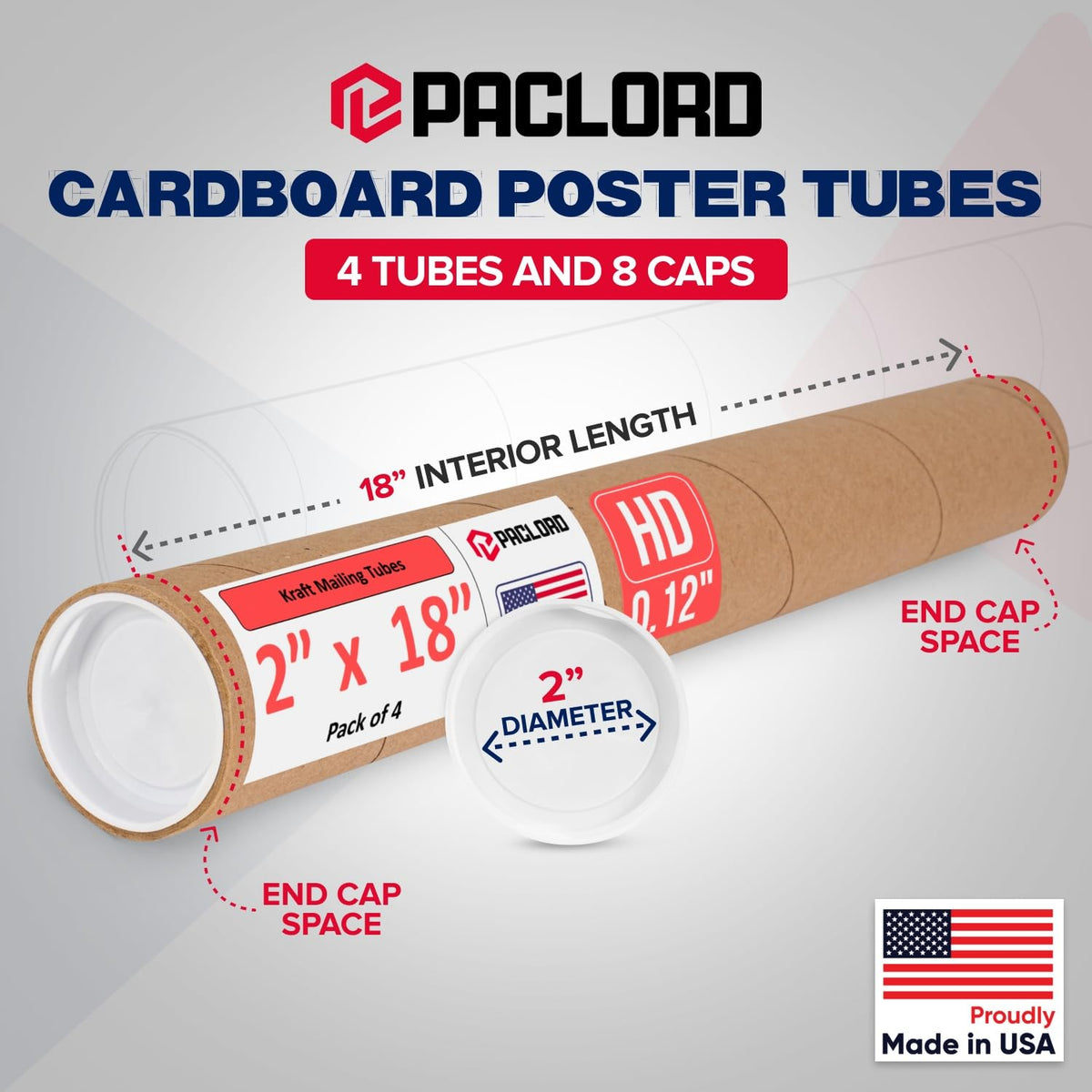 2" x 18" Heavy-Duty Reinforced Cardboard Mailing Tube, Pack of 4 Tubes with 8 Caps – Secure USPS Approved – Great for Shipping and Storing of Prints, Artwork, Posters or Documents