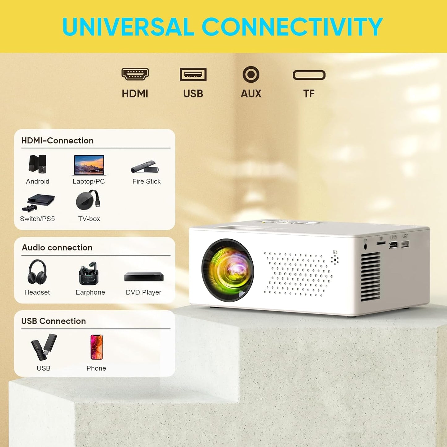 [2025 Built-in-Apps] PURSHE Smart Mini Projector with WIFI and Bluetooth, Full HD 1080P 4K Supported Portable Outdoor Movie Projector with Zoom, Home Cinema for Game/Phone/HDMI Devices (APP Version)
