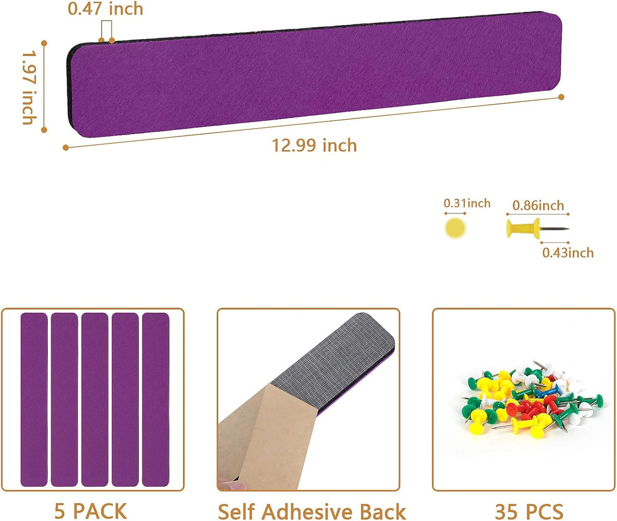 Felt Pin Board Bar Strips Bulletin Board for Bedrooms Offices Home Wall Decoration, Notice Board Self Adhesive Cork Board with 35 Push Pins for Paste Notes, Photos, Schedules (Purple)