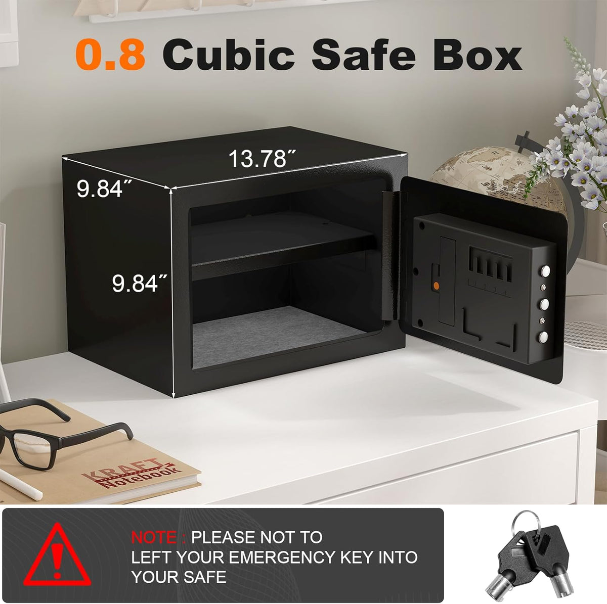 0.8 Cubic Fireproof Waterproof Safe, Security Digital Box with Removable Shelf, Cash Box for Home, Fireproof Safe for Documents, Jewelry, Gun, Valuables, Safety Box, Black