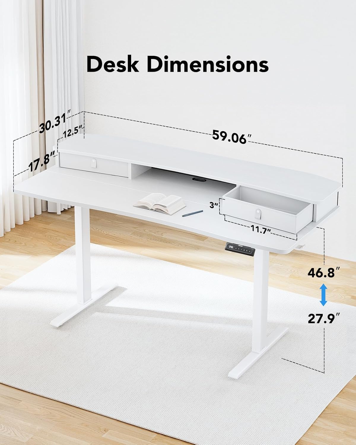 HUANUO 60″ x 30″ Electric Standing Desk with 2 Drawers, C-Clamp Mount Compatible, Height Adjustable Computer Desk, Home Office Stand Up Desk with 4 Preset Heights & 2 Hooks, White