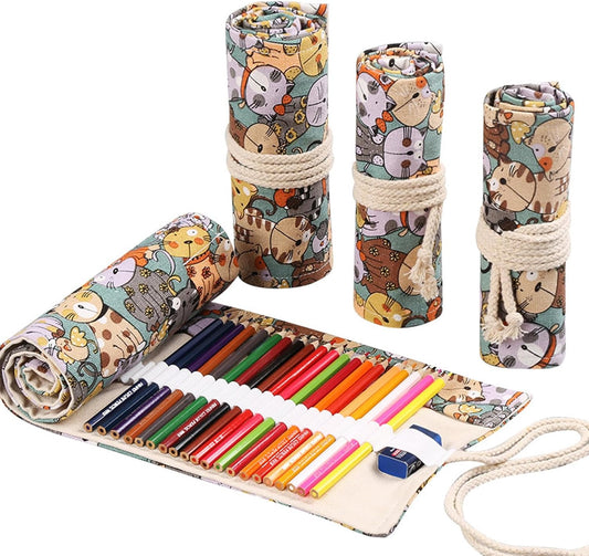 DIYOMR 24/36/72 Slots Pencil Wrap - Roll Up Bag for Artist Colored Pencils, Short Brushes, Drawing & Sketching, NO PENCILS (Cuddly Cat, 24slots)