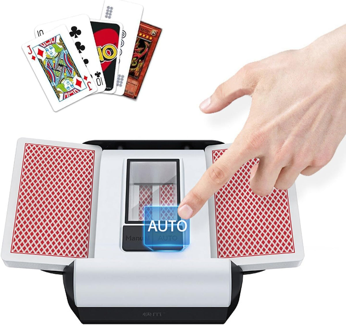 Automatic Card Shuffler, 1-2 Decks One-Press Auto and Manual Mode, Portable Low- Noise Electric Shuffling Machine, Suitable for UNO, Poker, Phase 10, Skip-Bo, Card Games