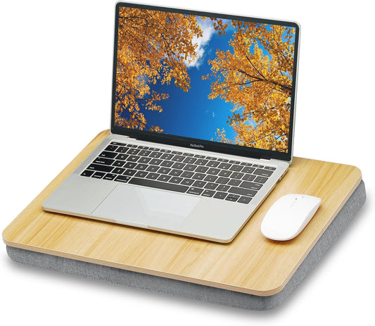 Lap Desk with Pillow Cushion, Portable Laptop Bed Desk, Fits up to 15.6 inch Laptop, Lap Stand for Bed & Couch & Carpet, Book Tablet/Drawing Board - Light Brown Wood