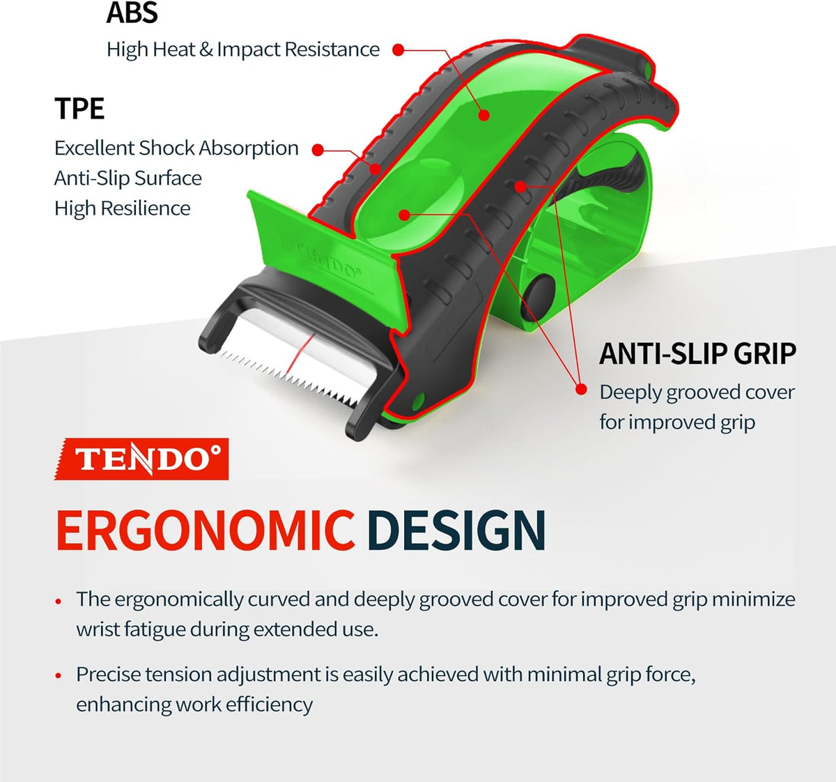 Heavy Duty Shipping Tape Dispenser: TENDO° Premium Line – Reusable, Replaceable, Eco-Friendly 2’’ Master Piece Dispenser for Pros with Patented 10° Sloped Chromium Blades - P-2200 (4th Gen.)_Green
