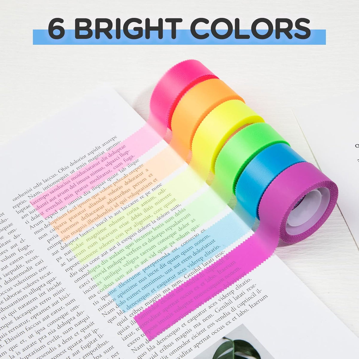 NEWEST 6 Rolls Highlighter Tapes, Removable Fluorescent Tapes Transparent Marking Sticker for Teachers Students Reading, 32 ft Per Roll, Neon
