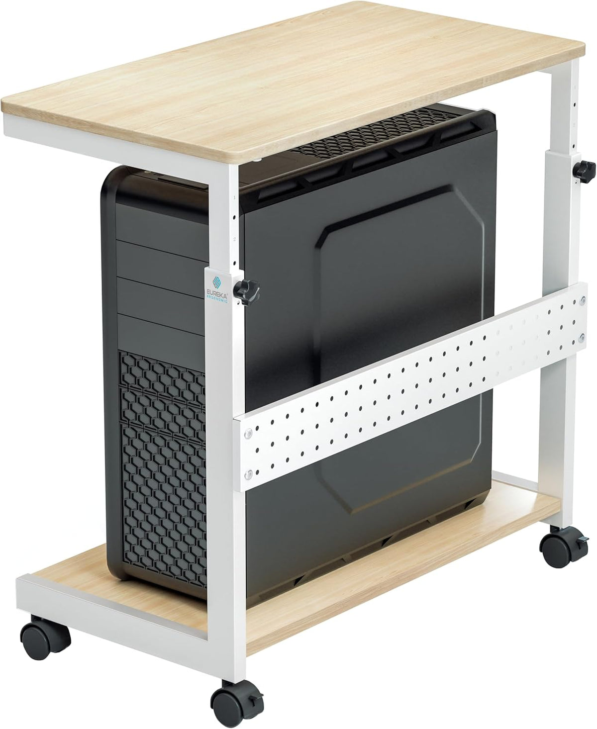 EUREKA ERGONOMIC PC Stand Computer Cart, Height Adjustable Tower Stand 2-Tier Suit for ATX Case Printer, Metal Rolling Cart on Wheels for Gaming Home Office, Maple