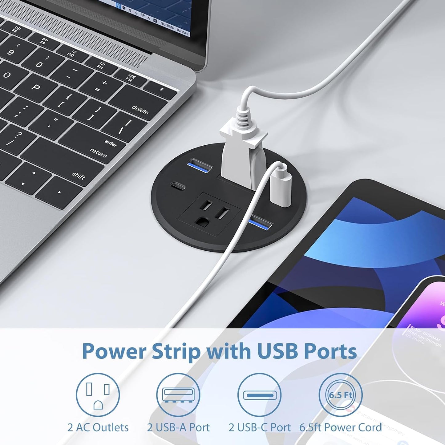 Recessed Power Grommet with AC Outlets, 3inch Desktop Power Grommet Outlet,30W PD Fast Charge for Deskt - Flush-Mount Recessed Power Strip,Home and Workspace Essential Desk Outlet