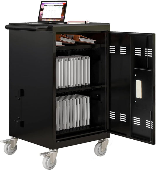 30-Device Mobile Charging Cart with Power Strip, Locks, Cable Management, Up to 16.3" Safe Charging Cabinet for Chromebooks, Tablets, Laptops. Black with Code Lock