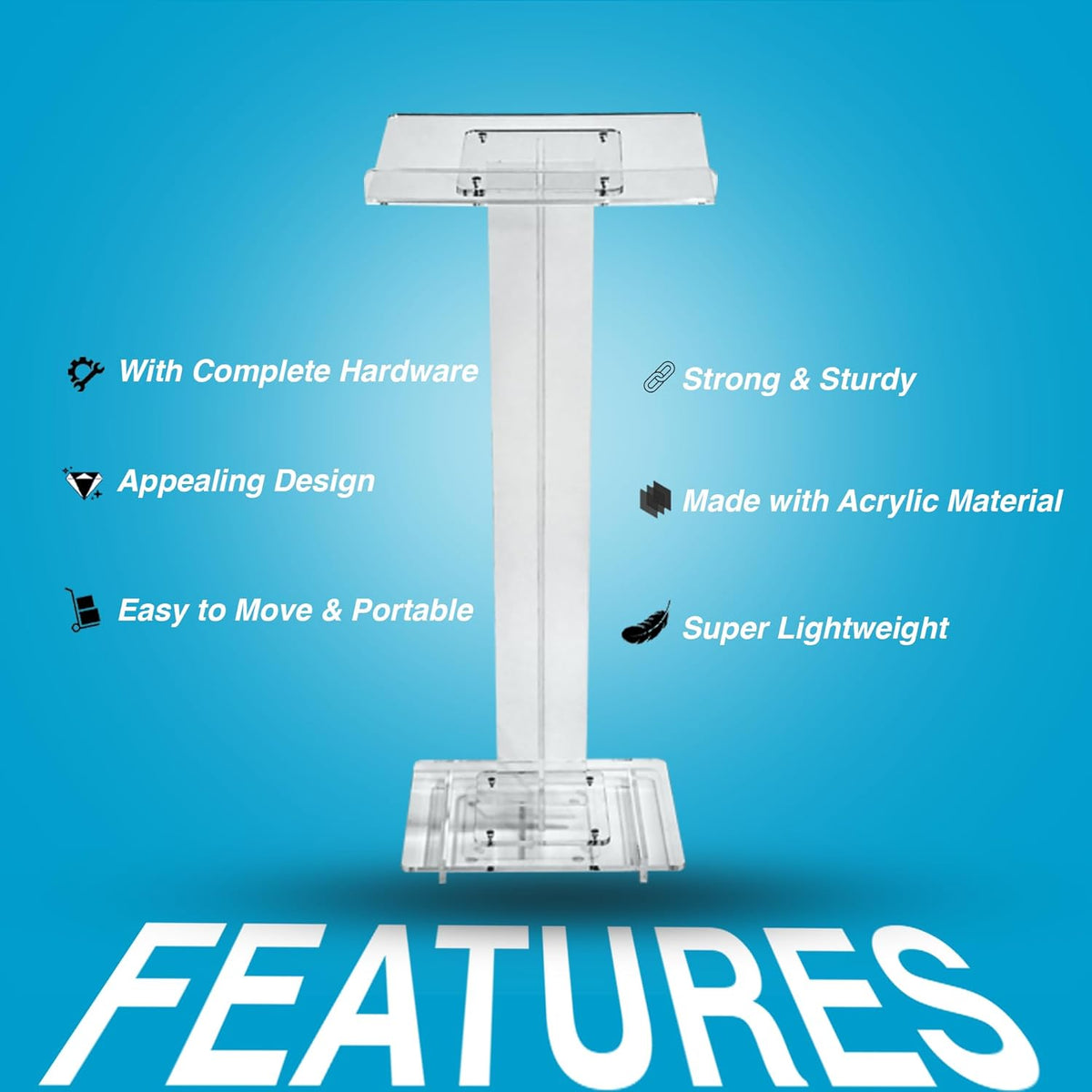 Kingdom Lightweight and Small Single Column Design Economy Clear Acrylic Lectern - Easy to Move and can Fit in a Small Room for a Meeting or Presentation with a Small Group