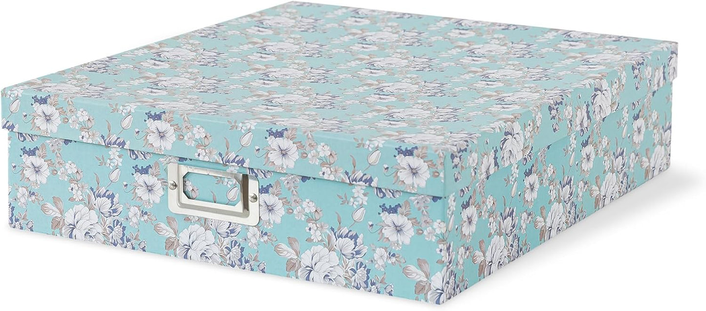 Soul & Lane Photo Storage Box with Lid, 14.8 × 13.0 × 3.7 Inches, Floral Keepsake Memory Organizer, Cardboard Storage for Photo Albums, Scrapbooks, Artwork, Stationary, Memorabilia, Blue Cottage