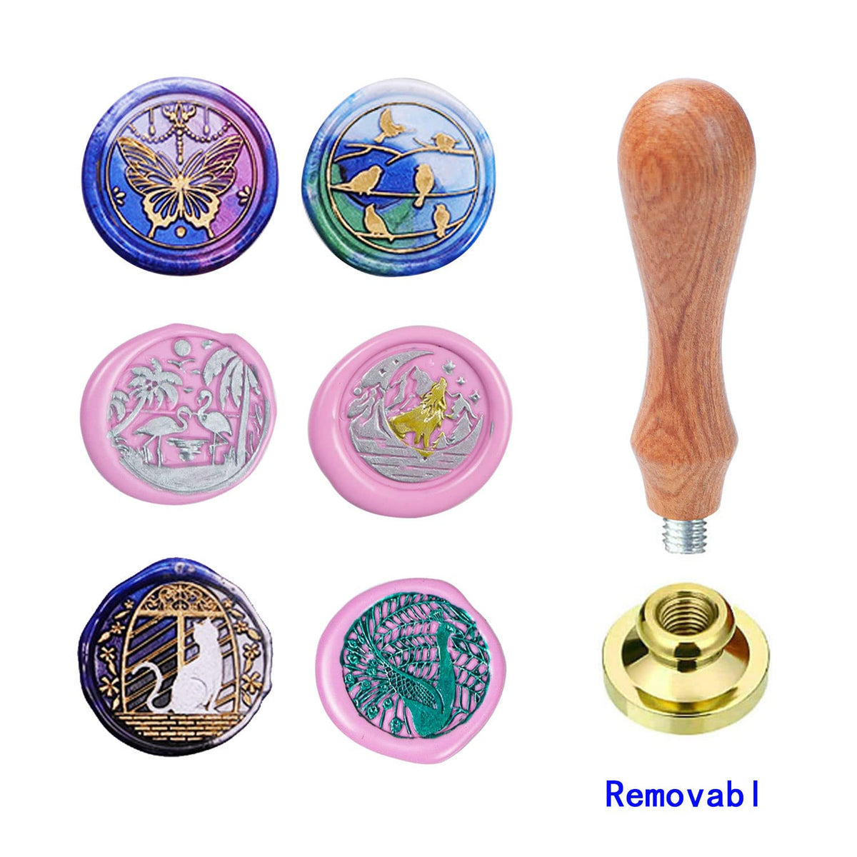 Wax Seal Stamp kit, ANBOSE Animal Wax Seal Stamp Set with 6 PCS Removable Brass Heads and 1 Wooden Handle, Retro Cat Birds Peacock Butterfly Sealing Wax Stamp for Cards Invitations
