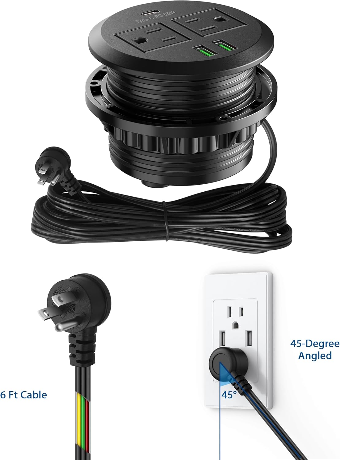 Jgstkcity 3 inch Desktop Power Grommet, Max 65W USB C Charger,2 Outlets, 3 USB Ports, Flush Mount Desk Hole Round Power Outlet, High-Speed Charging Station, Recessed Power Strip,6ft Cord Flat Plug