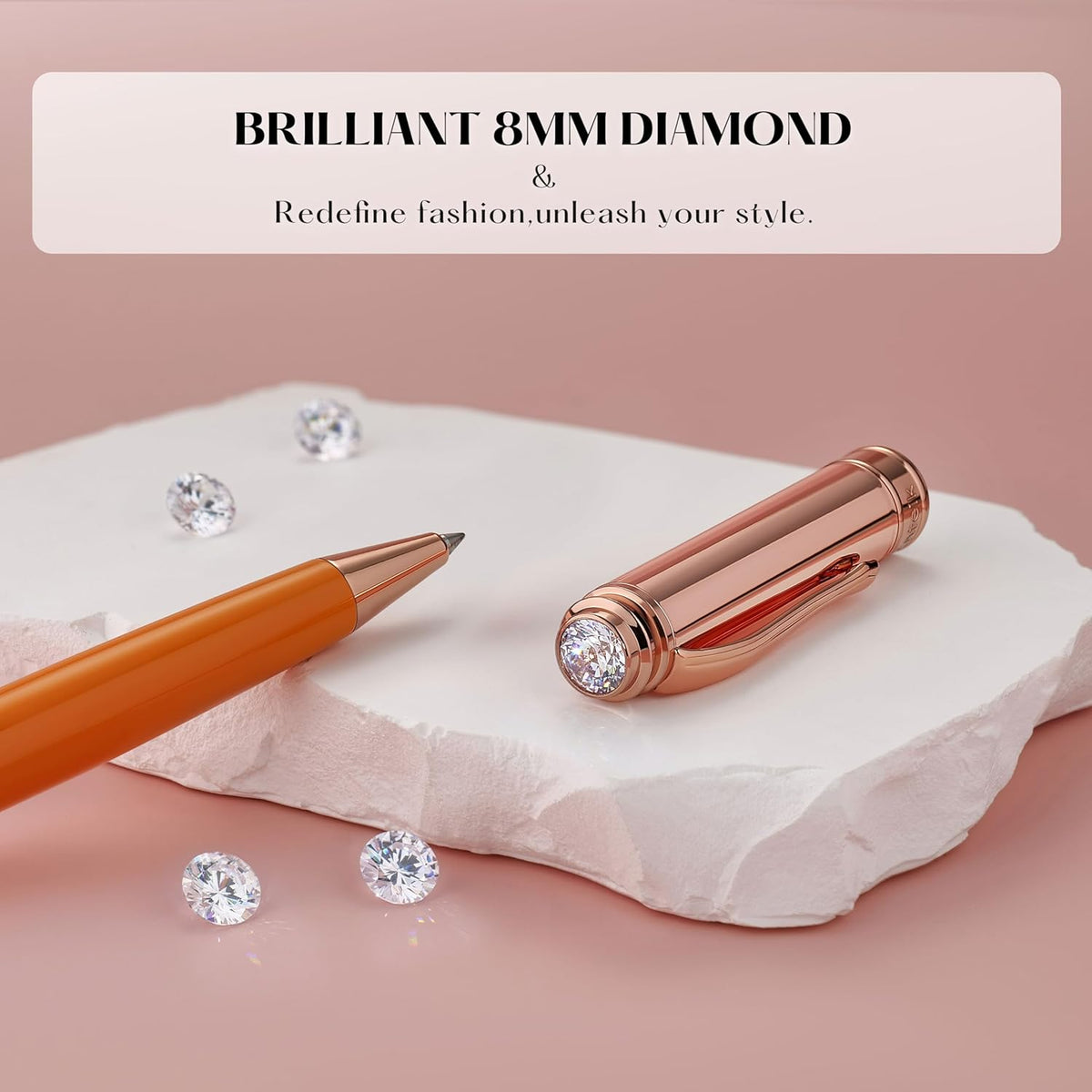 Luxury Gel Pen, Top Set With 8mm Brilliant Diamond,Bright Orange Pen Lacquer,Rose Real Gold Finish, Black Refill,Elegant Gift Pen For Women, Unique, Office,Nice Designer Pens