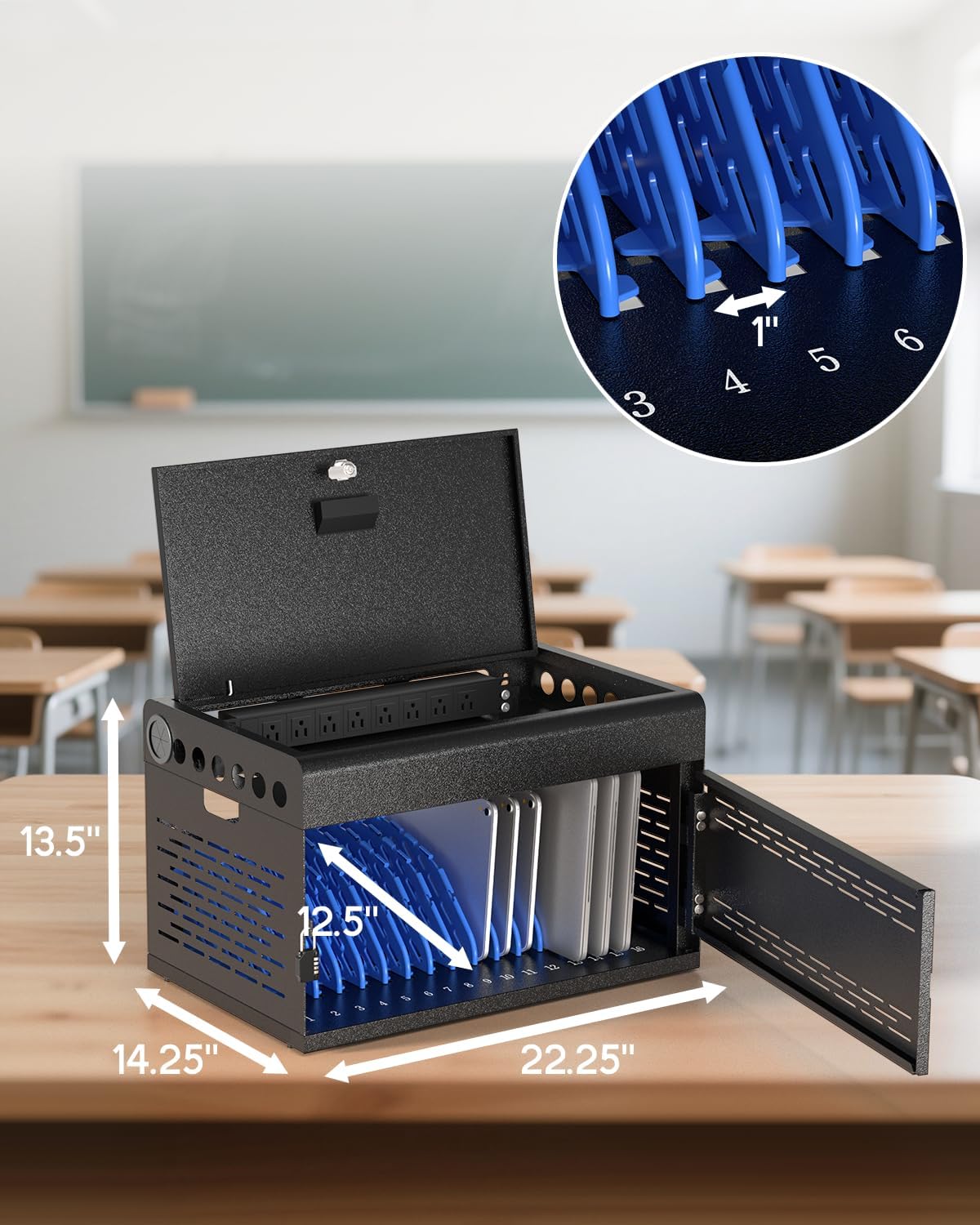 16 Device Tablet Charging Station - Classroom Storage Lock Box for Chromebook, iPads, Laptop and Tablets with Removable Door, Wall-Mount Charging Cabinet, Fully Assembled Portable Office Organization