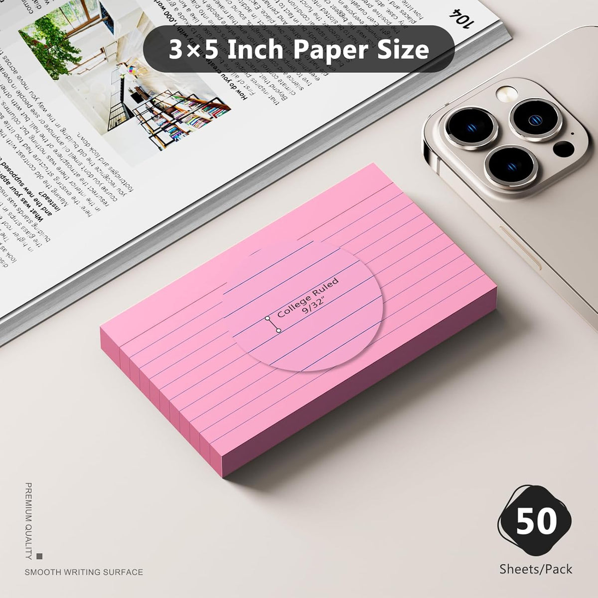 250 Count Index Cards 3 x 5 Inch, Heavyweight Pink Lined Note Cards Portable Ruled Flash Cards Perfect for Studying and Organizing, Note Taking Study Flashcards for Home, School and Office