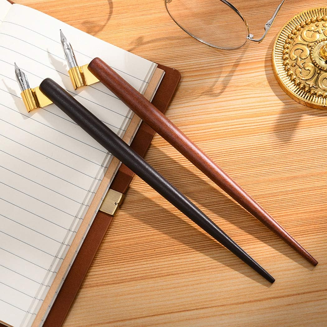Professional Manga Gothic Pen Dip Pen Calligraphy Drawing Pen Kit, 2 Pen Holders Handles, 7 Nibs (2 Fountain Pen Nib, 5 Flat Nib) - Brown Wood and Redwood