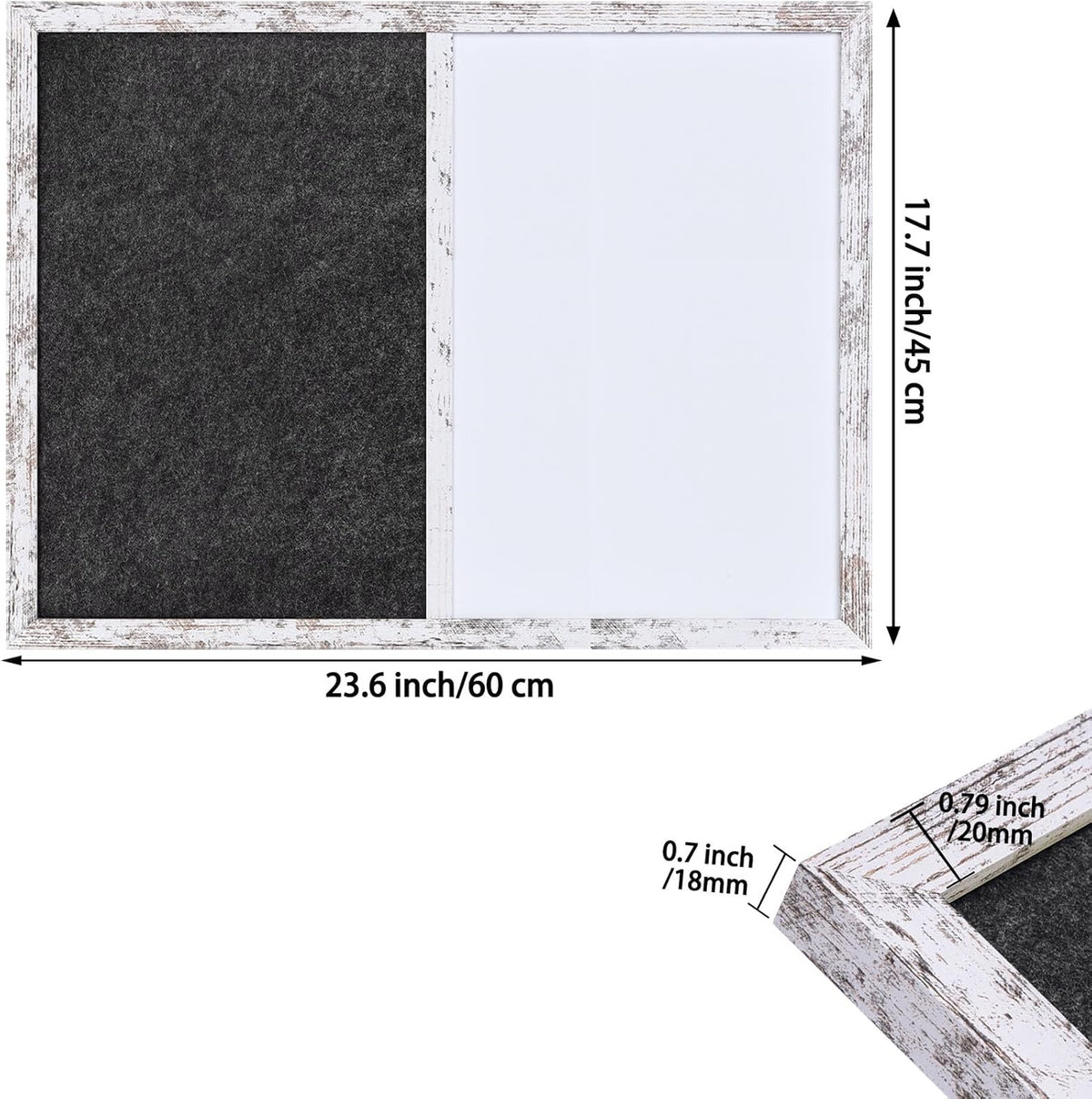 Whiteboard Bulletin Board Dark Gary Felt Board Combo for Office School Kitchen Bedroom, White Wood Frame,17.7"*23.6",Whiteboard+BK-4560WH