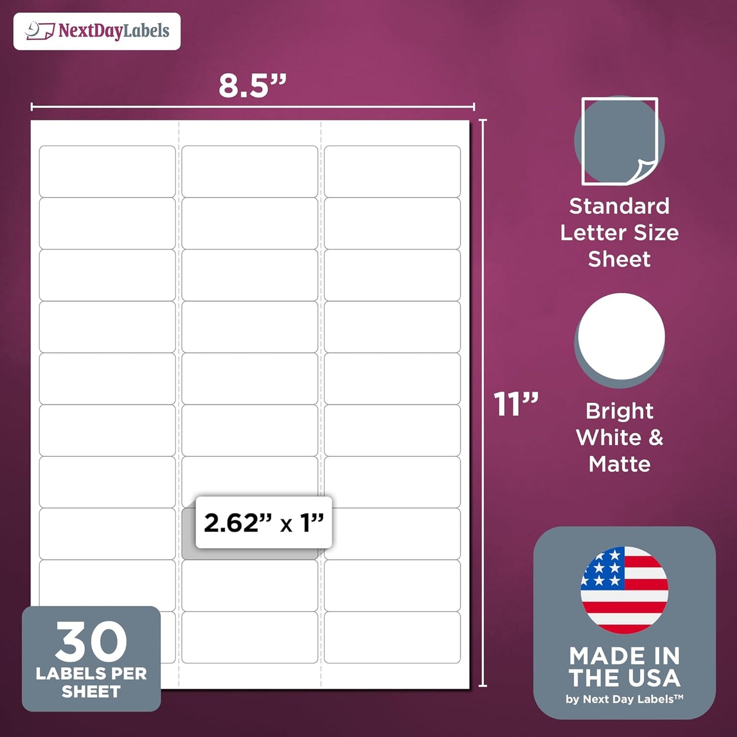 NextDayLabels - 2.5/8" x 1" Rectangular Sticker Labels for Printer - White Laser/Inkjet Printer Labels Return Address Labels Shipping Label Stickers (1000 Sheets, 30 Per Sheet, 30000 Labels)