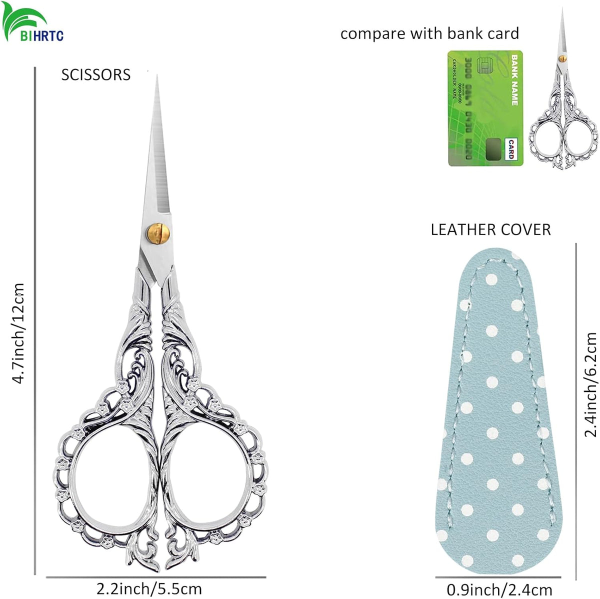 BIHRTC 4.5Inch Sewing Embroidery Scissors Professional Grade Shears with Artificial Leather Cover Stainless Steel Scissors for Office Craft Cross Stitch Needlework DIY Tools Knitting