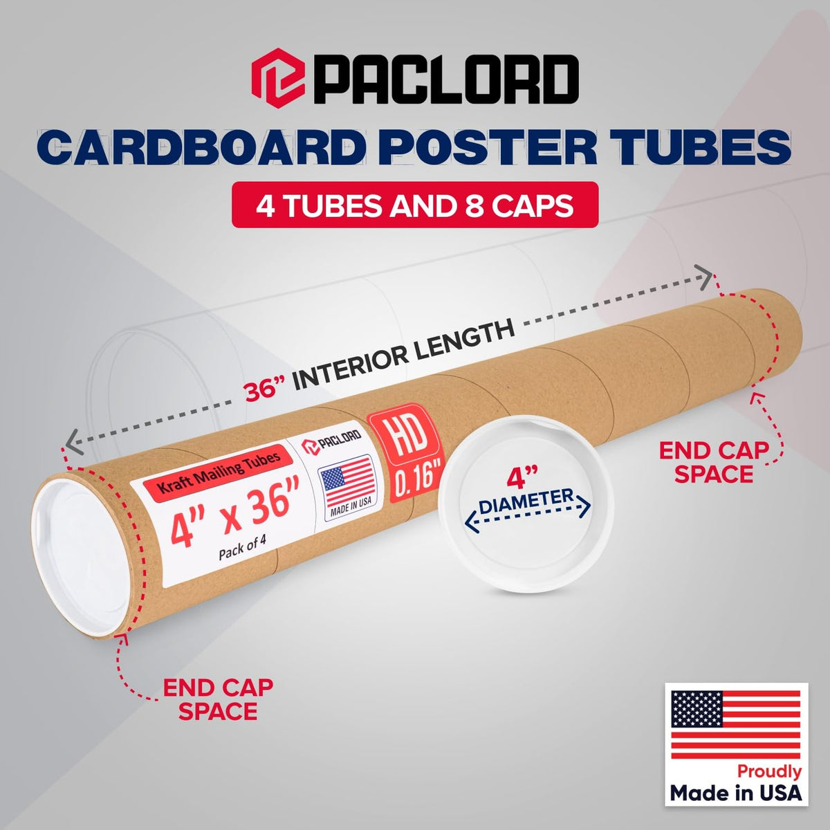4" x 36" Heavy-Duty Reinforced Cardboard Mailing Tube, Pack of 4 Tubes with 8 Caps – Secure USPS Approved – Great for Shipping and Storing of Prints, Artwork, Posters or Documents
