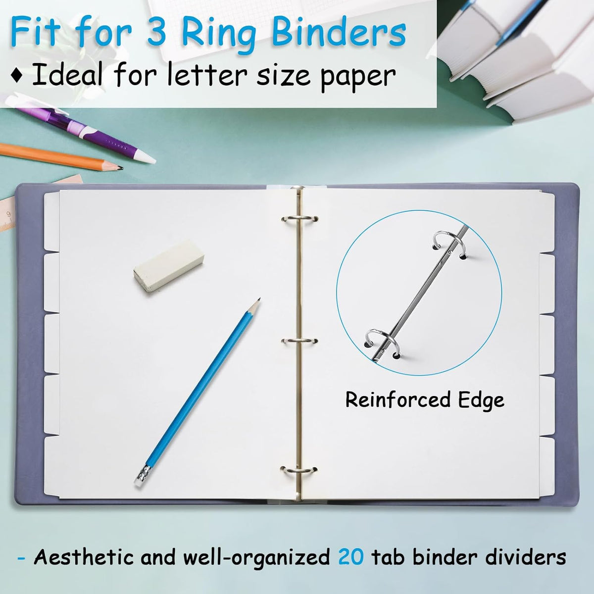 Binder Dividers for 3 Ring Binder, 1/5 Cut Tabs, Letter Size, Blank Write On Page Dividers with 5 Big Tabs for School Office Home, 8 Sets, 40 Dividers, White