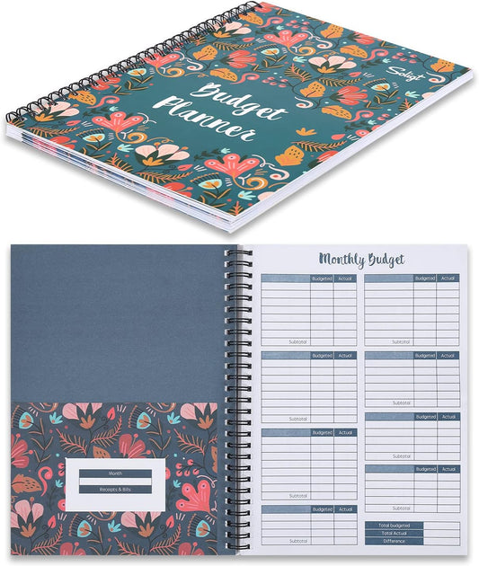 Soligt Budget Planner 2025-2026, Monthly Budget Book Bill Organizer with 12 Pockets, Undated Home Financial Money Expense Saving Debt Tracker Notebook, 1 Year, Blue Floral, Spiral Design