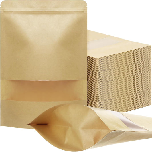 Geosar 300 Pcs Kraft Bags with Window 7 x 10 Inch Kraft Stand Pouches Bulk Zipper Paper Pouches Food Storage Reusable Heat Sealable Bags for Packaging Home Office Business