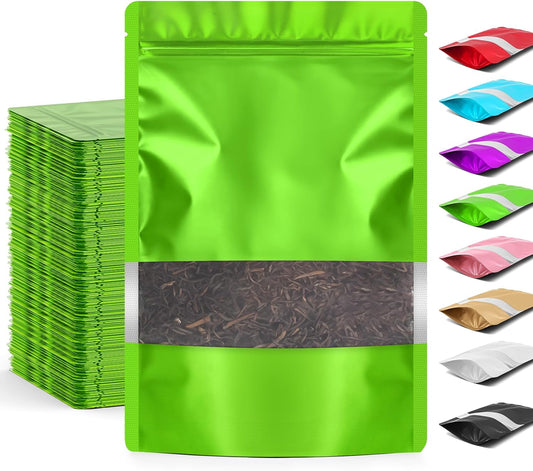 Funfery 100 Pcs Smell Proof Packaging Bags,Mylar Clear Bags for Food Storage,Sealable Bag for Packaging,Stand Up Pouches with Window,ReSealable Bag for Small Business,Cookies,Candy(Green,6.3x9.4in)