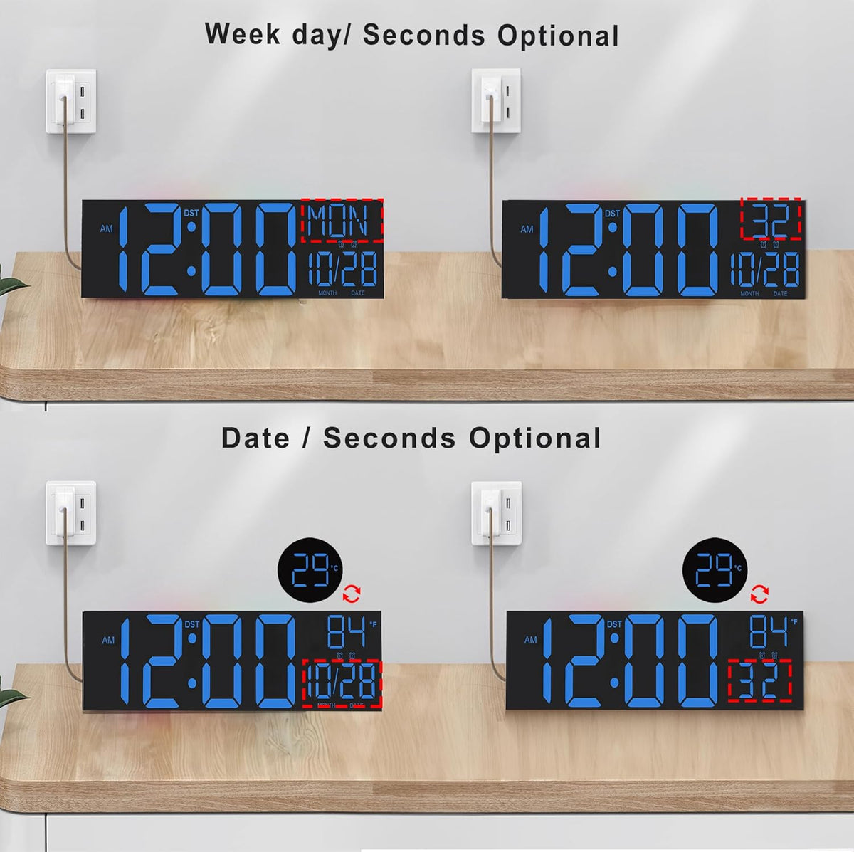 JALL 30" Large Digital Wall Mount Clock with Remote Control, Alarm, Big LED, Countdown, Auto DST, Temperature for Living Room Classroom Desk, Xmas, Birthday Gift for Senior Men Women Mom Dad, Blue