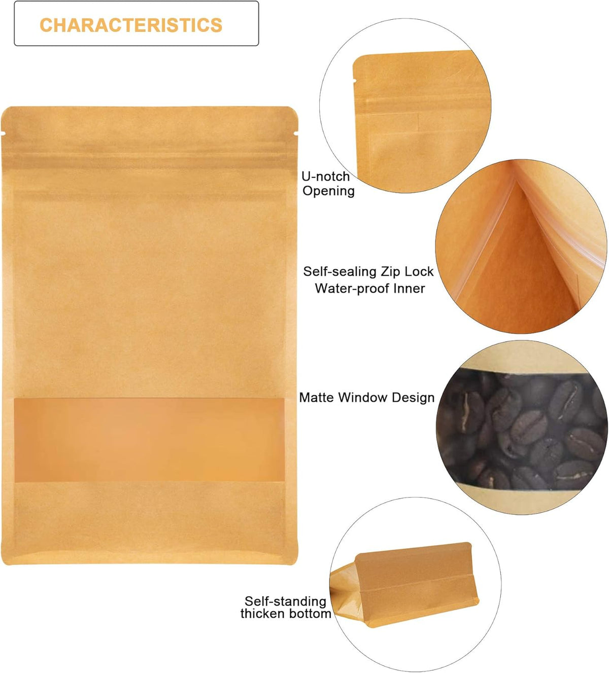 Stand Up Kraft Pouch Bags,Reusable Zip Lock Sealing & Notch Matte Transparent Window Bags, Resealable Zip Lock Food Storage Bag,11.8 x 7.9 + 3.14 Inches, Pack of 50