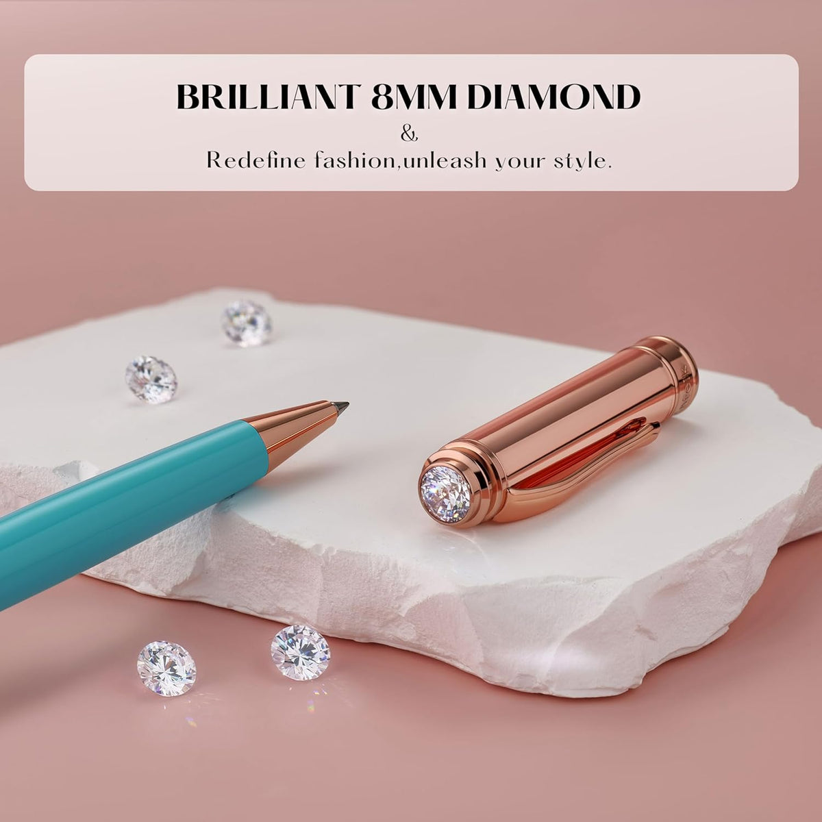 Luxury Gel Pen, Top Set With 8mm Brilliant Diamond,Delicate Green Pen Lacquer,Rose Real Gold Finish, Black Ink Refill,Fancy Gift Pen For Girl, Unique, Professional, Office Pens