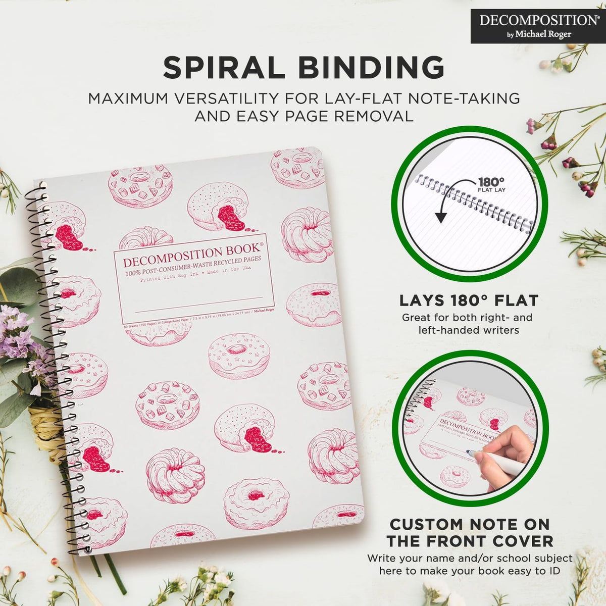 Decomposition Donut Time College Ruled Spiral Notebooks – 9.75 x 7.5 Journal with 160 Lined Pages – Cute Notebooks for School Supplies, Home & Office – 100% Recycled Paper – Made in USA