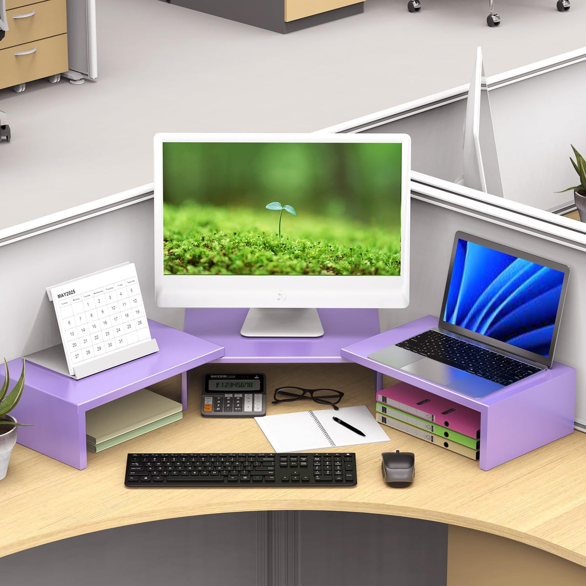 Dual Monitor Stand for Desk, Metal Monitor Riser, Purple Office Supplies Desk Accessories (Purple)