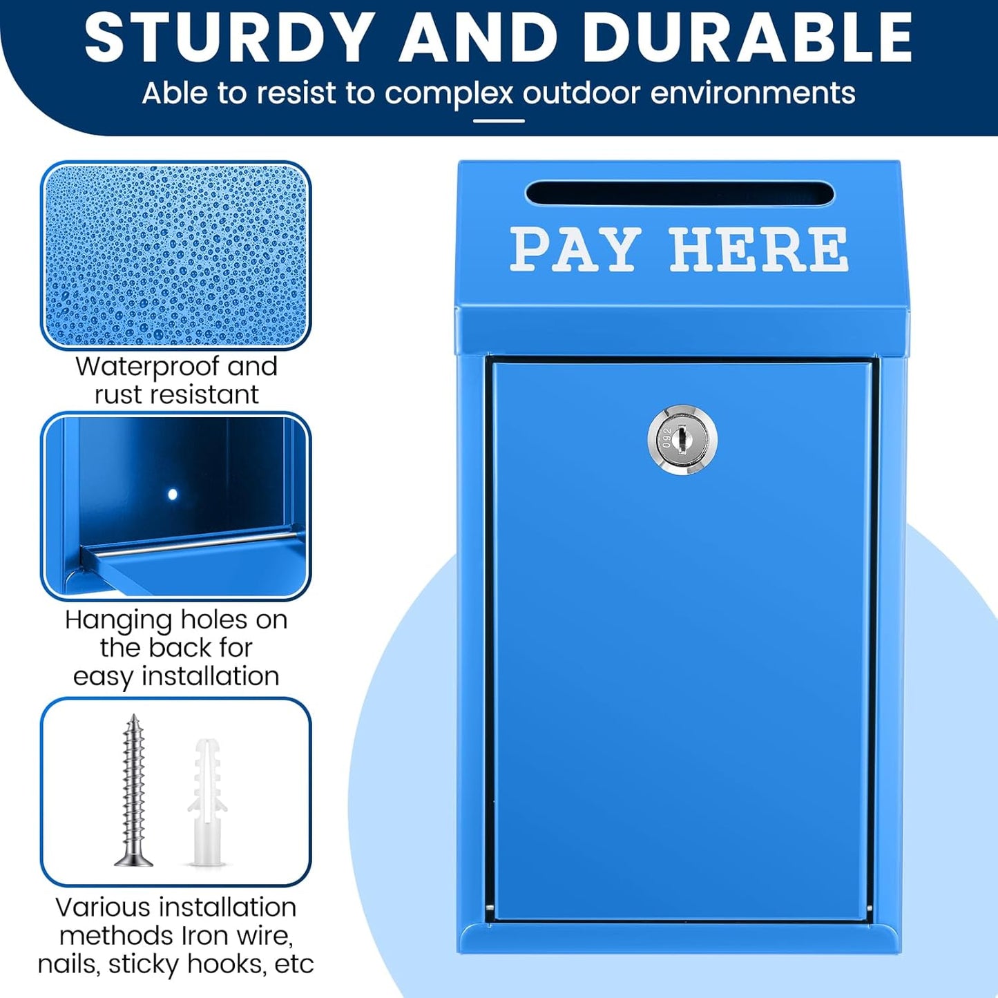 Safe Cash Box Money Collection Metal Donation Box with Lock Wall Mount Pre Drilled Mailbox Delivery Ballot for Home Office Outdoor Self Serve Stand(Blue,10.2 x 5.7 x 2.8 Inch)