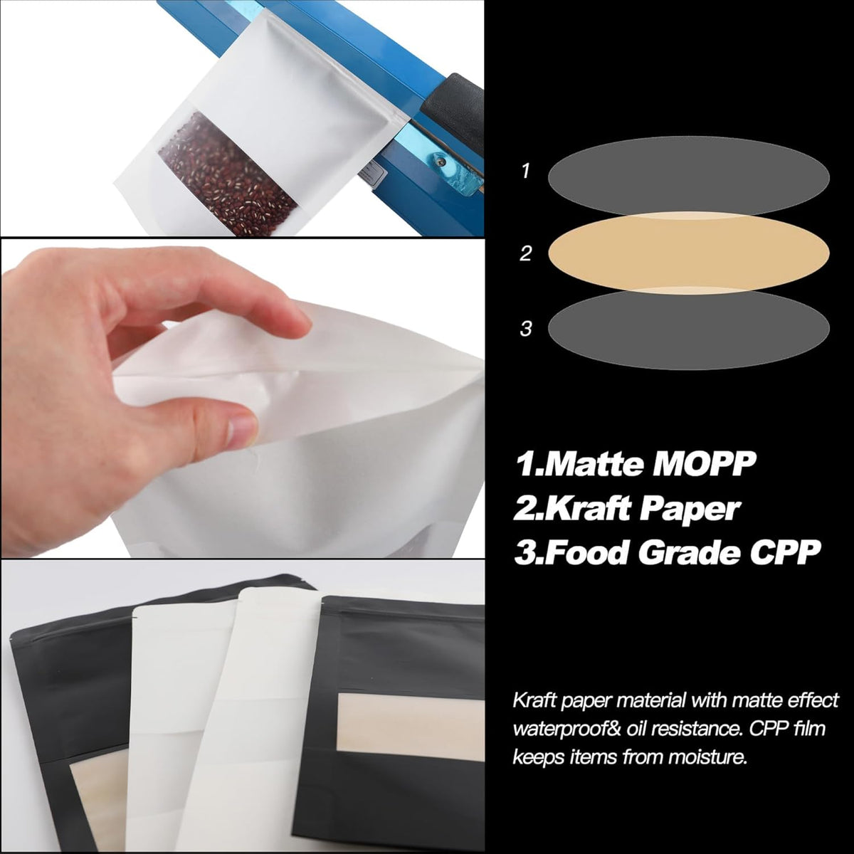 100 Pack Bags, Resealable Bags with Clear Window, Stand-up Bags for Sealing Storage, Scratch Resistant Hand Storage Bags. (White, 6.3×9.45 Inch)