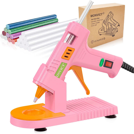 MONVICT Pink Hot Glue Gun Kit, Mini Glue Gun with Suction Cups Stand Anti Stick Silicone Mat, Hot Melt Glue Gun with Fine Tip & 30 Glue Sticks, On/Off Switch Design for DIY, Craft, Home School Project