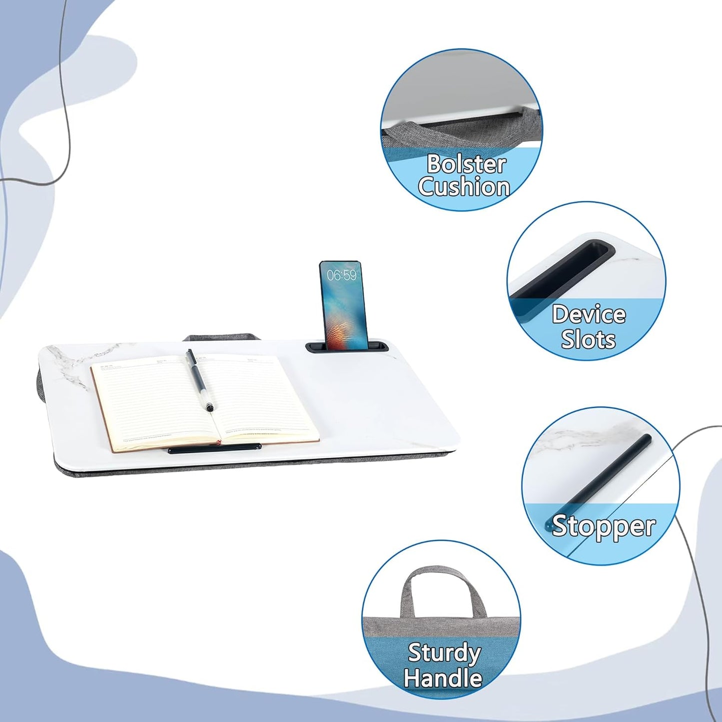 Portable Laptop Desk Fits Up to 16“ Laptops, with Tablet Slot, Built-in Cushion, Great for Home & Office,Lap Desk for Laptop,Lap Desk with Cushion (White Marble, Large)