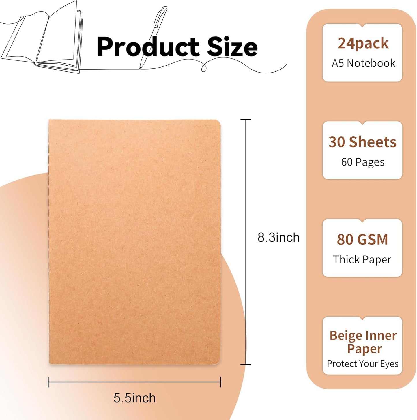 miikoul 24 Pack Blank Kraft Notebooks, 8.3"x5.5" A5 Small Journal Bulk Blank Notebooks 80 Gsm Unlined with 60 Pages A5 Subject Notebooks Traveler Journal Set for Adult Students Office School Supplies
