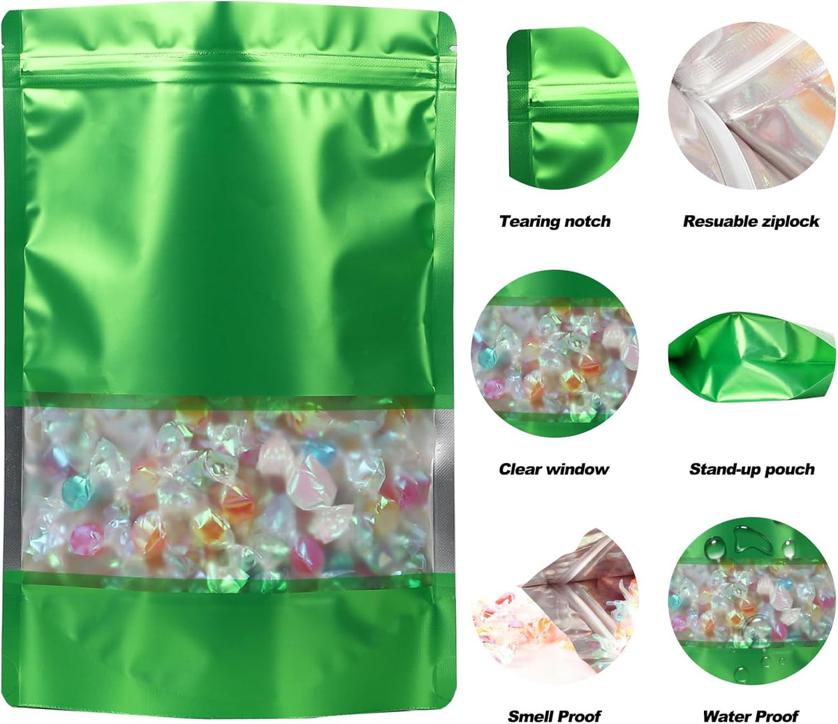 100 Pack Smell Proof Bags, Resealable Mylar Bags with Matte Window, Foil Pouch Stand-up Bags for Food Self Sealing Storage, Scratch Resistant Hand Storage Bags.(Green, 5.5×7.9 Inch)