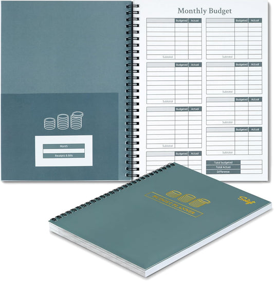 Monthly Budget Planner Book 2025 (Undated) with 12 Pockets for Income, Debt, Saving, Expense and Bill Tracker Organizer, Financial Planner for Men and Women, Dark Green, Spiral Design