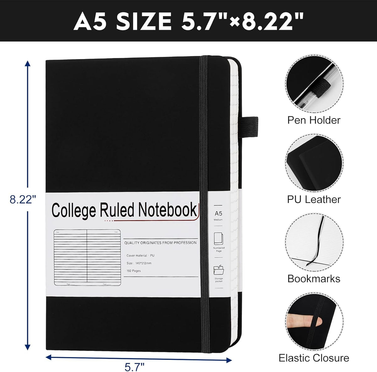 A5 Lined Journal Notebooks for Work, 192 Pages, Medium 5.7 x 8.3inch, College Ruled, Vegan Leather Hardcover Journals for Women Men,3 Pack