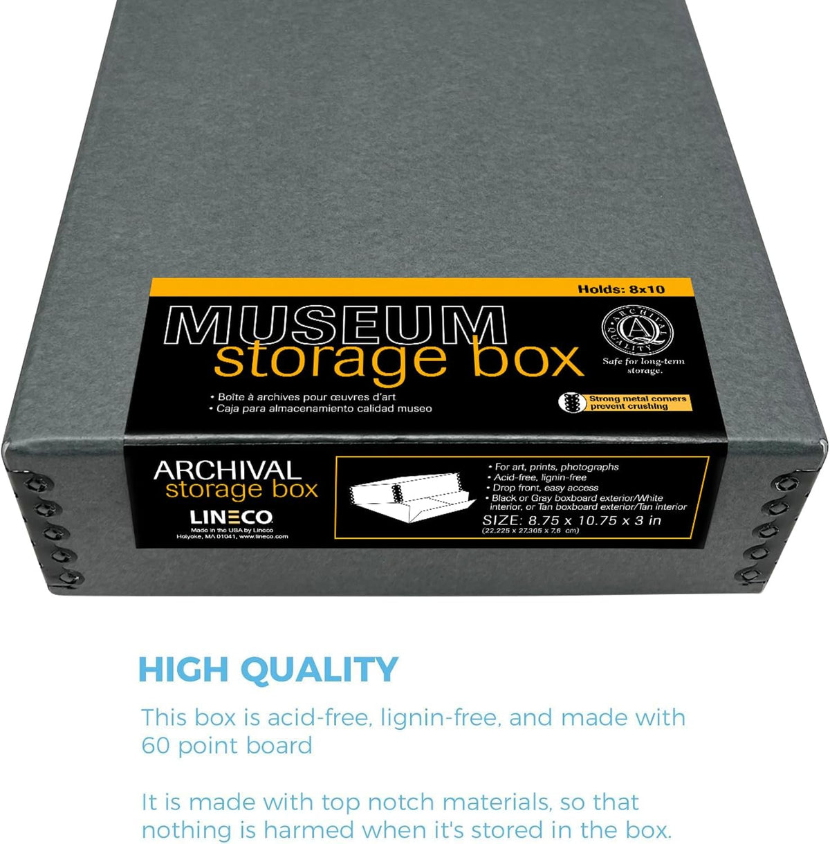 Lineco Museum Archival Storage Box, 8.75x10.75x3 in. Drop Front Design. Acid-Free with Metal Edge. Organize Photos, Pictures, Prints, Documents, Crafts, DIY. Gray, 2 Pack