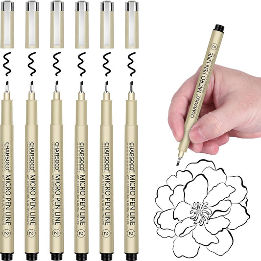 2 Micro Pen, 6 Pack Black Fine Point Pen with Waterproof Archival Ink, 2mm Fineliner Ink Pens for Artist Illustration, Sketching, Anime, Manga, Technical Drawing and Scrapbooking