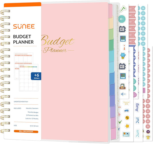 SUNEE Budget Planner - Deluxe Monthly Budget Book with 12-Pockets for Bill Organizer, Undated 12 Month Expense Tracker Notebook & Account Book B5 Size (8" x 10") to Manage Your Finance Planner, Pink