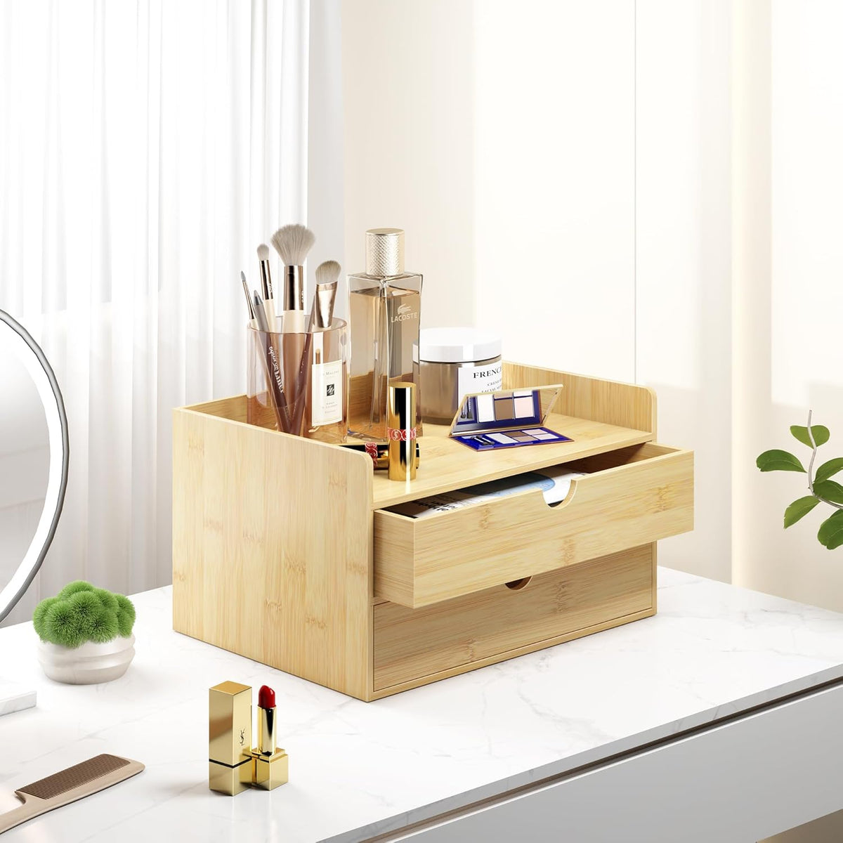 Wisuce Bamboo Desk Organizer - Mini Bamboo Desk Drawer Tabletop Cosmetic Storage Organization for Office or Home (Nature 2 Drawers)