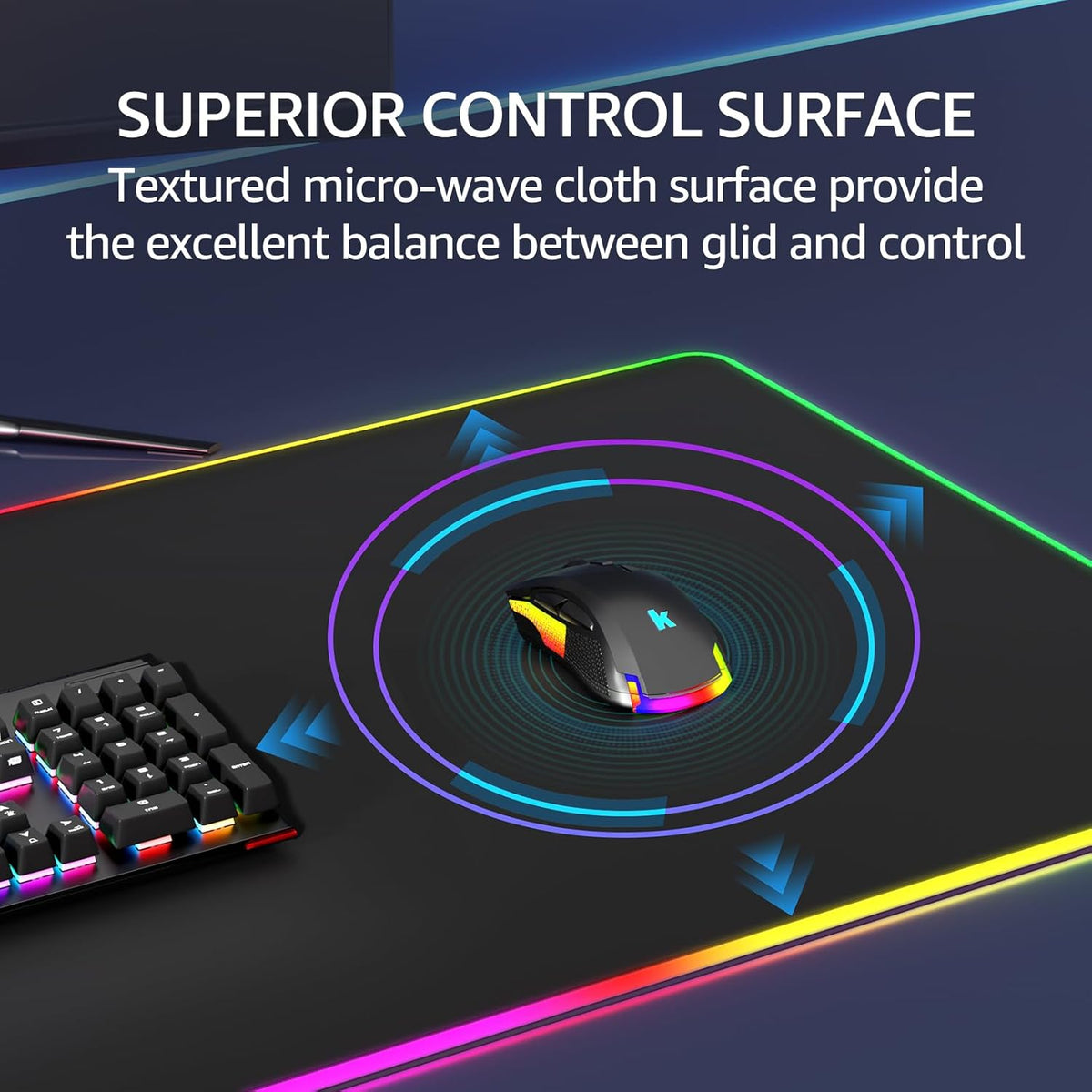 KTRIO RGB Large Gaming Mouse Pad with Stitched Edges, Superior Micro-Weave Cloth, Non-Slip Base, Water Resist Coating, 31.5 x 15.7 in, RGB Black